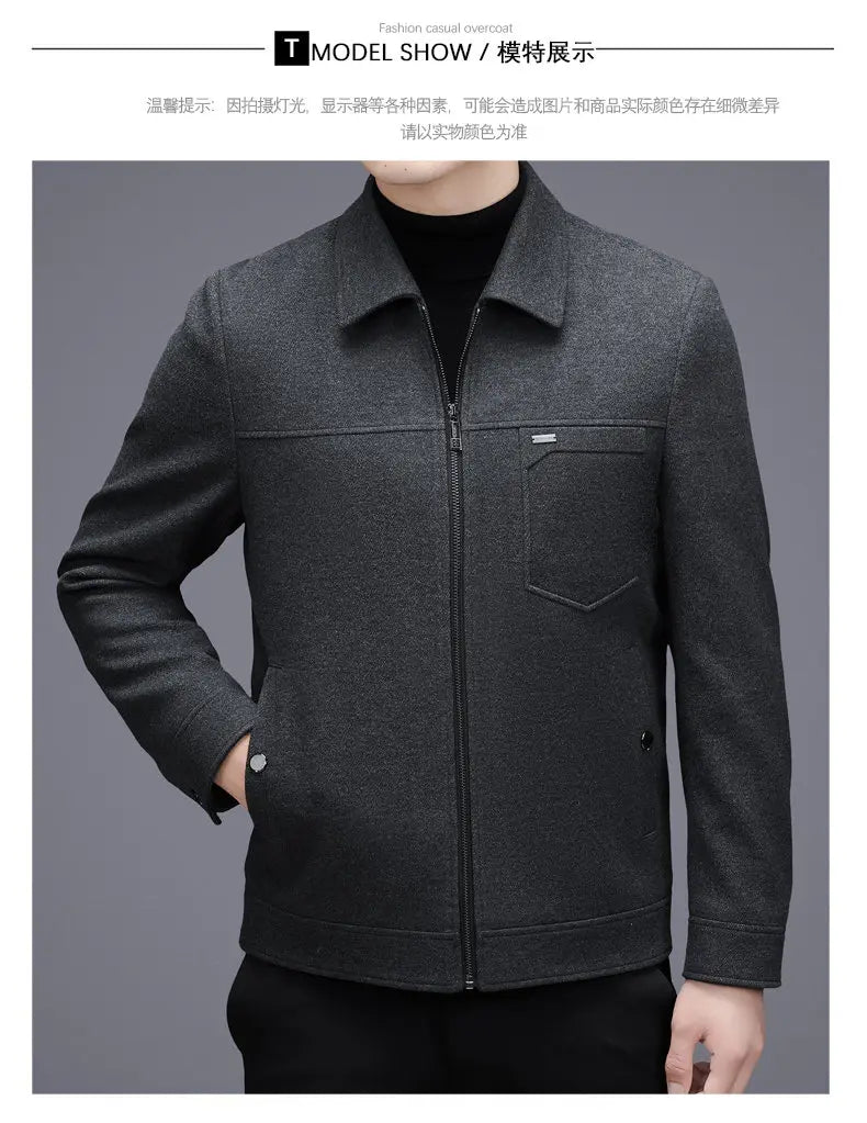 Men's woolen jacket, fashionable short style for middle-aged men's autumn and winter, lapel wool warm coat, thickened top for da