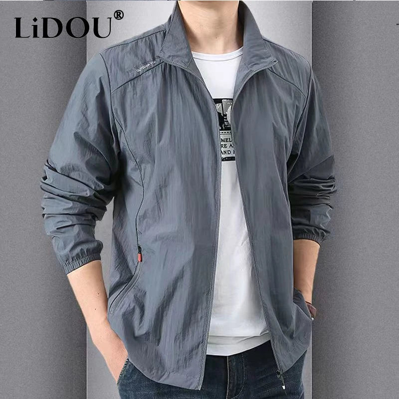 New Fashion Quick Drying Breathable Jacket for Man Loose Casual Stand Collar Coats Pocket Solid Outwears Sports Men's Clothing