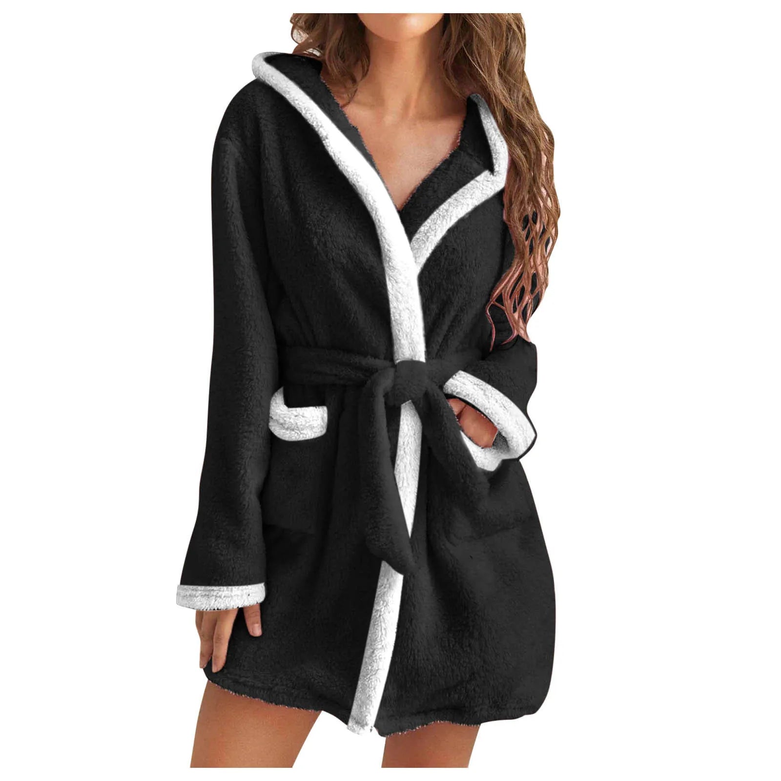 Women's Winter Casual Plush Robe Solid Color Matching Double Pocket Strappy Nightgown Fuzzy Bathrobe Coats Home Clothed Ladies