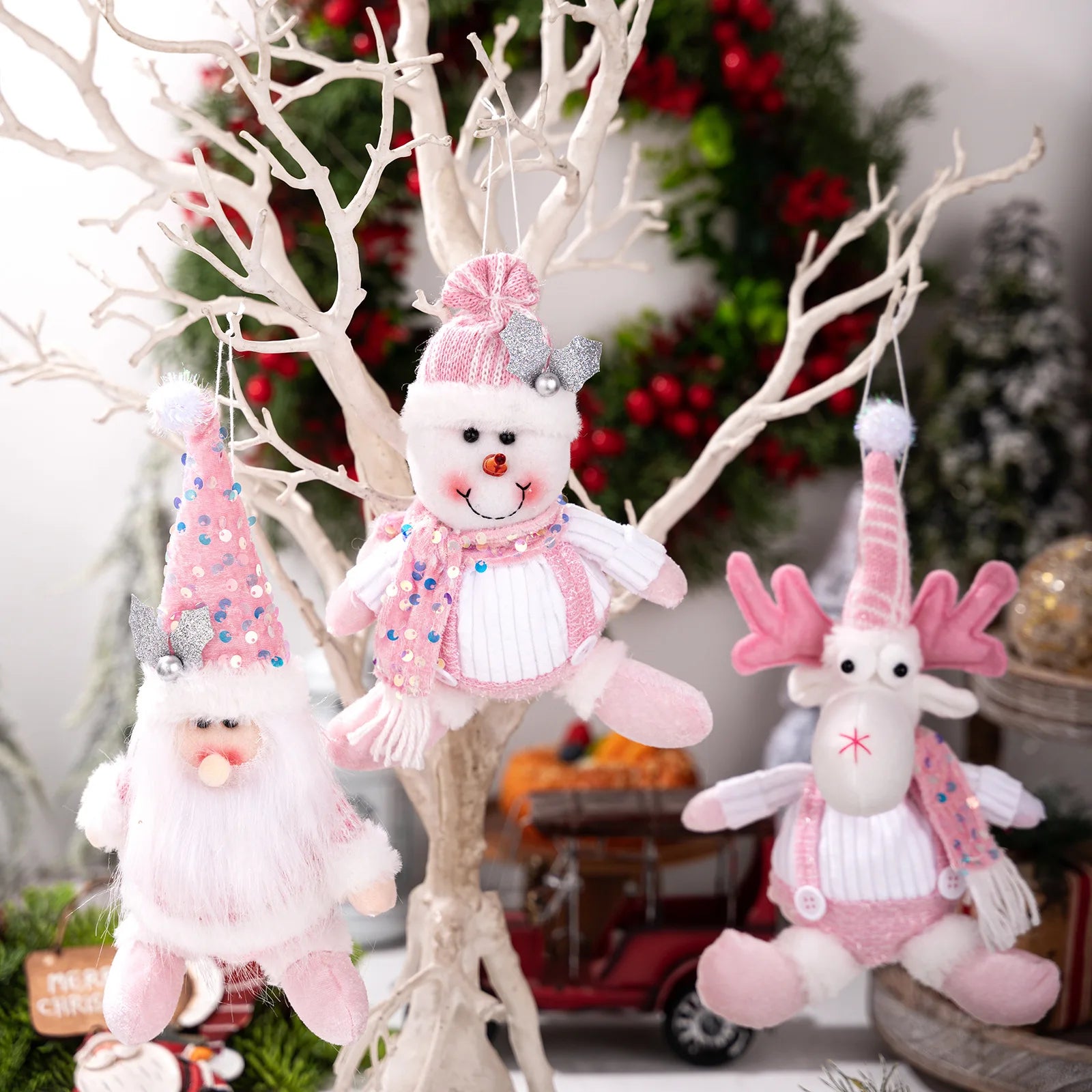 Christmas Decorations: Pink Sequined Scarf, Snowman, Pink Overalls, Reindeer, Pink Sequined Pointed Hat, Santa Claus Home Decor