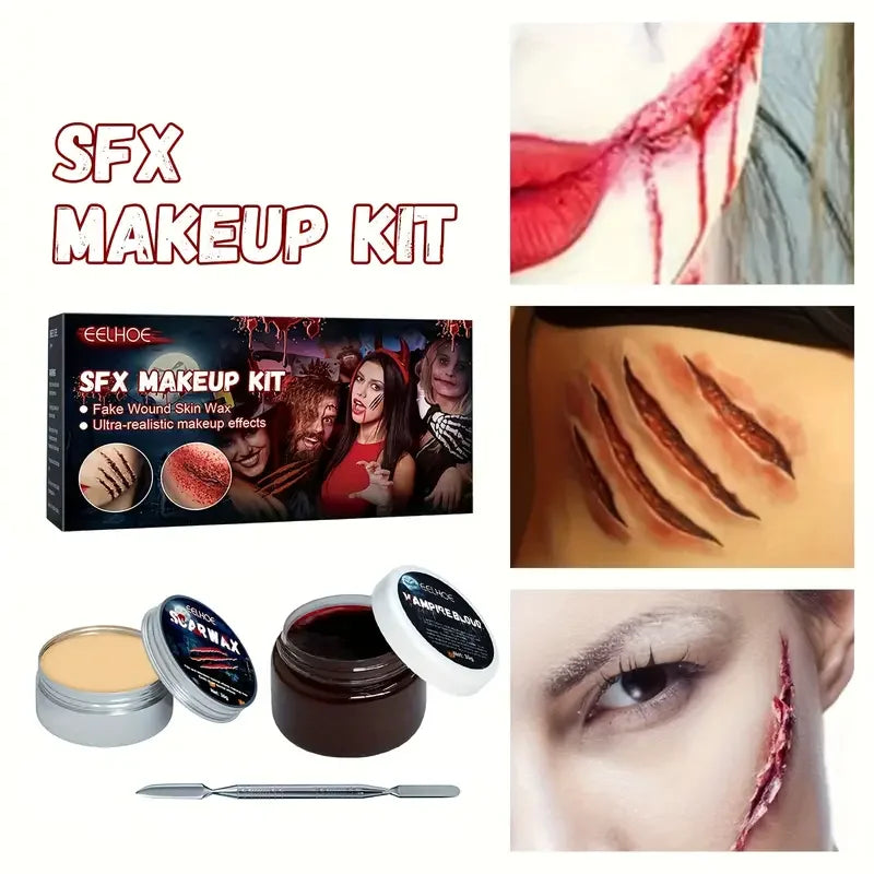 Halloween Special Effects Makeup Kit,Scar Wax with Spatula and Clotted Blood Gel,Fake Wound,Creepy Atmosphere Party Makeup Props