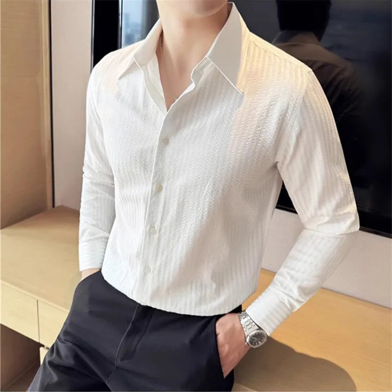 High Quality Men's Shirts Long Sleeve Striped Smart Casual Shirts Men Fashion Turn Down Collar Slim Fit Formal Office Shirt Tops