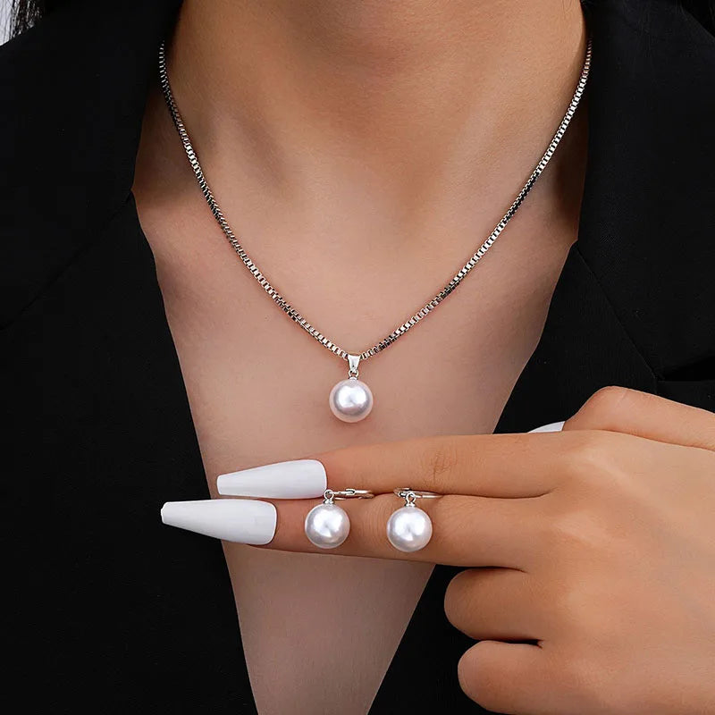Fashion Round Pearl Jewelry Set Of Earring Pendant Necklace For Women Exquisite Wedding Jewelry Set Gift