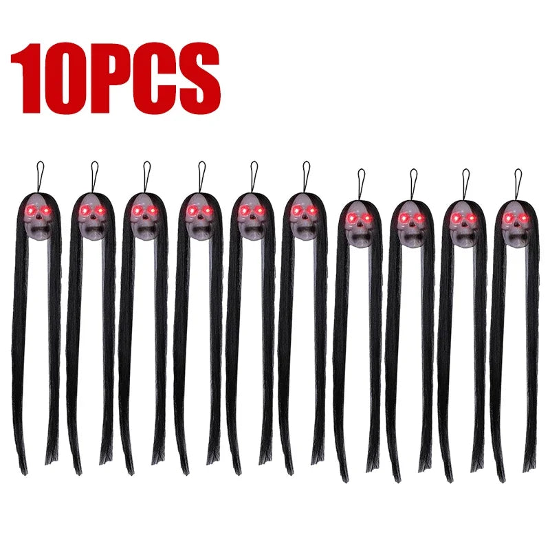 Halloween Hanging Ghost Skull with Long Hair Glowing Eyes Terror Skull Ghost House Head Skeleton Props 2024 Halloween Decoration