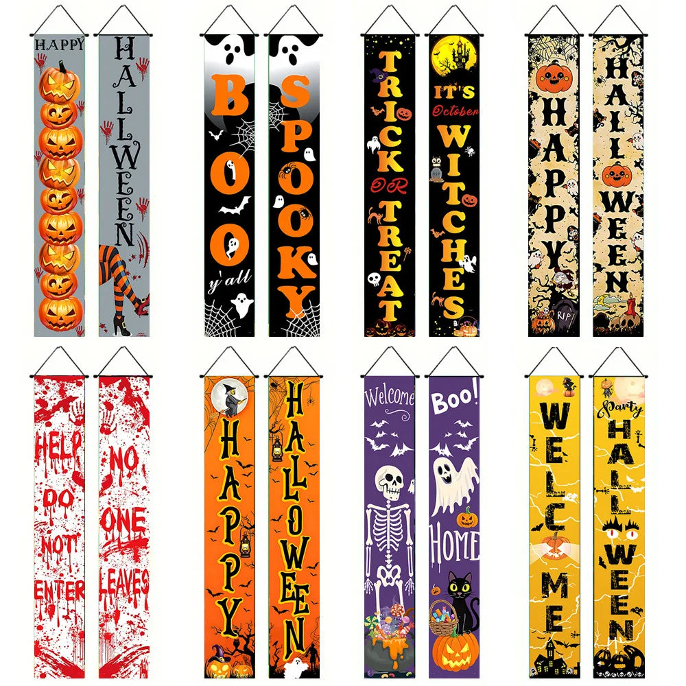 Halloween Couplet Horror Theme Festival Carnival Party Decoration Polyester Backdrops Pumpkin Skeleton Pattern Door Curtain