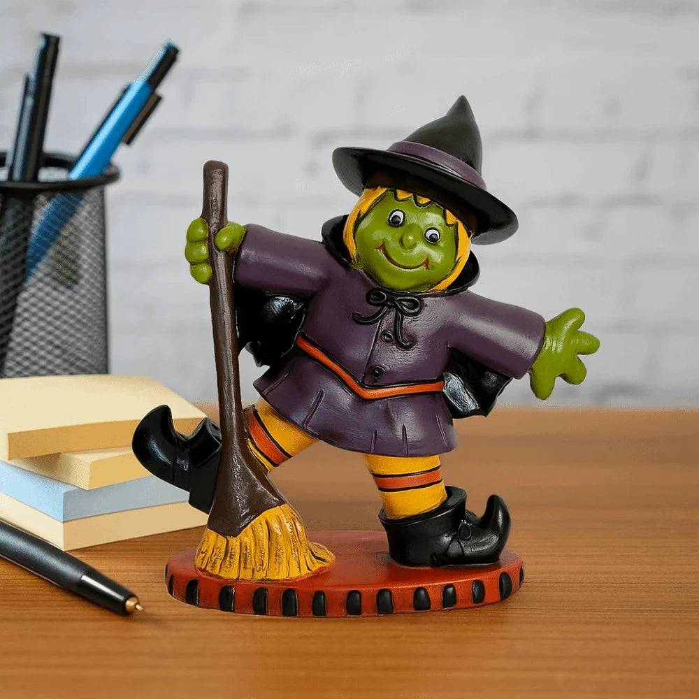 Halloween Themed Halloween Witch Figurine Resin Handicraft Desk Witch Sculpture Collectible Model Halloween Broom Witch Ornament