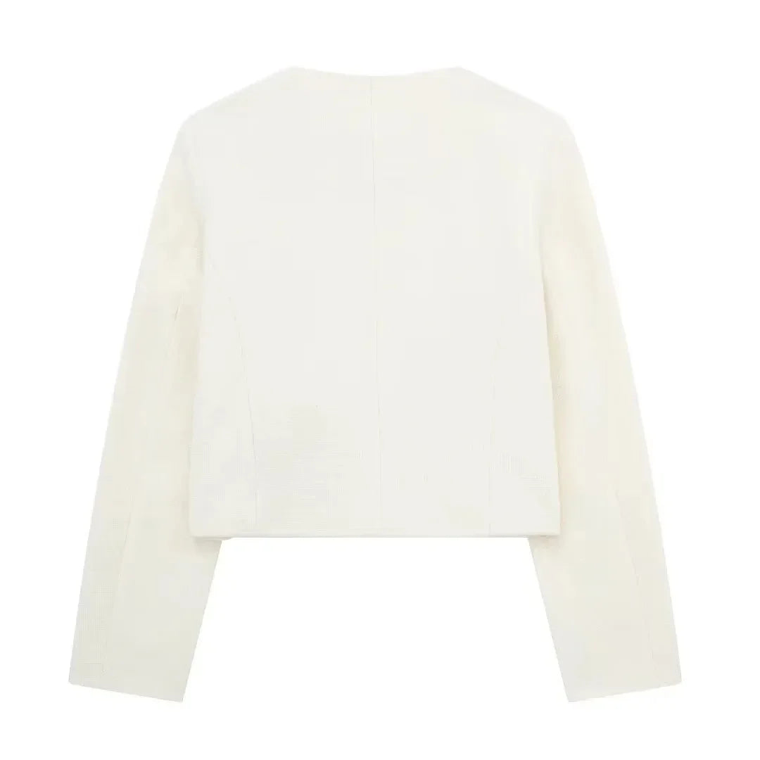Women Elegant Cropped Jacket 2025 Women's Fashion Jacket O-Neck Long Sleeved Flip Pocket Coat Female Casual Outwear Tops