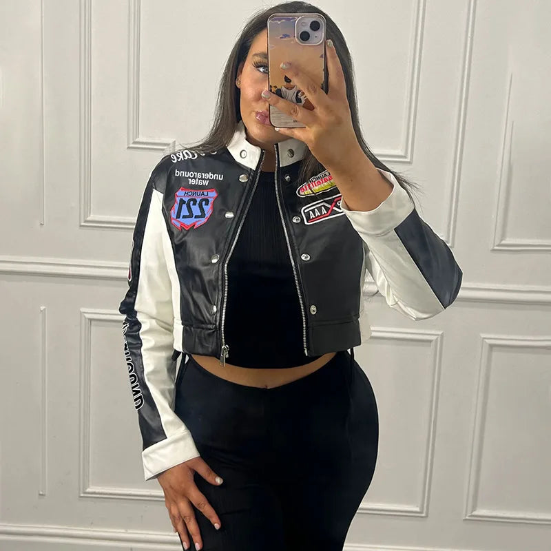 Women Fashion Hipster Pu Leather Jacket Y2K Letter Printed Hipster Motorcycle Jackets Spring Autumn Single-Breasted Casual Coat