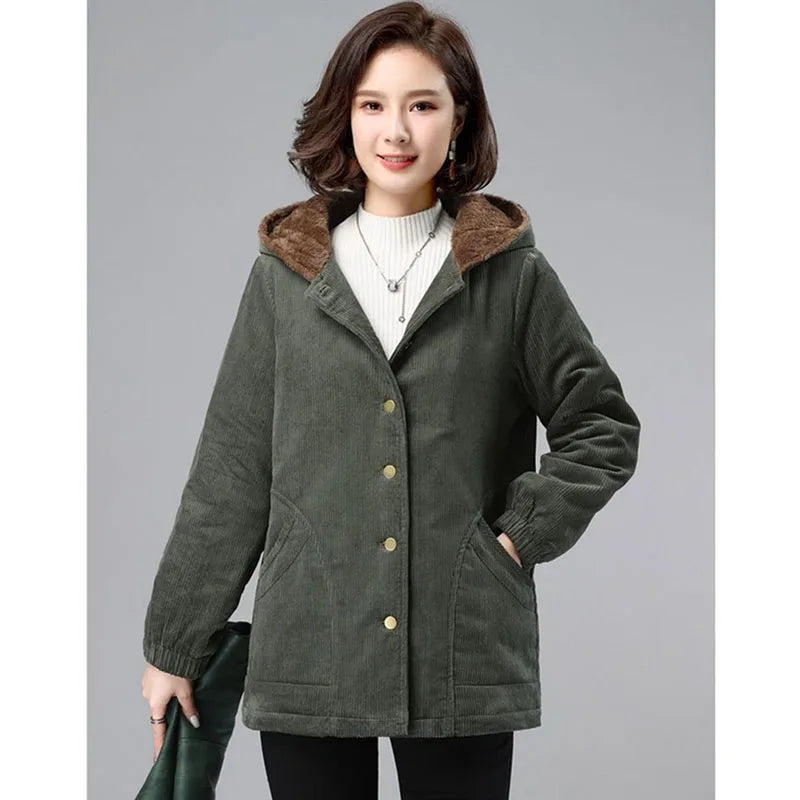 Women Corduroy Jackets 2025 New Autumn Winter Solid Loose Coat Female Casual Middle-Aged Plus Velvet Warm Hooded Ladies Overcoat