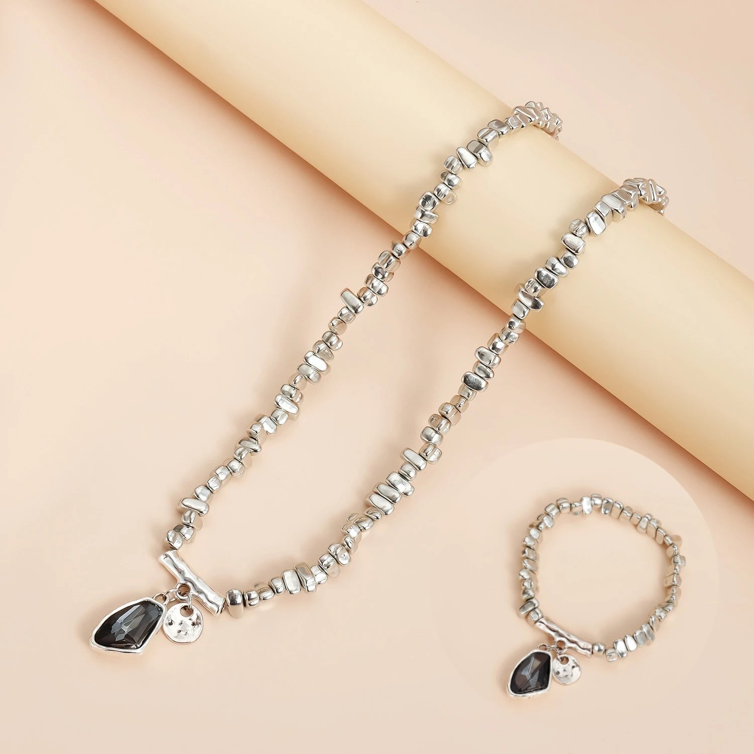 Faceted Pendant Set Necklace & Bracelet Sparkling Metal Jewelry Elegant Cut Crystal Gift for Women Luxe