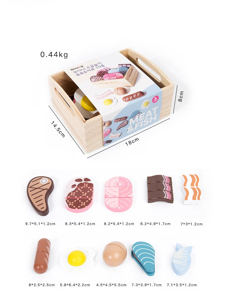Wooden Pretend Play Kitchen Toys Cutting Food Accessories Set Fruit Vegetable Bakery Meat fish Early Educational Cognition Toys