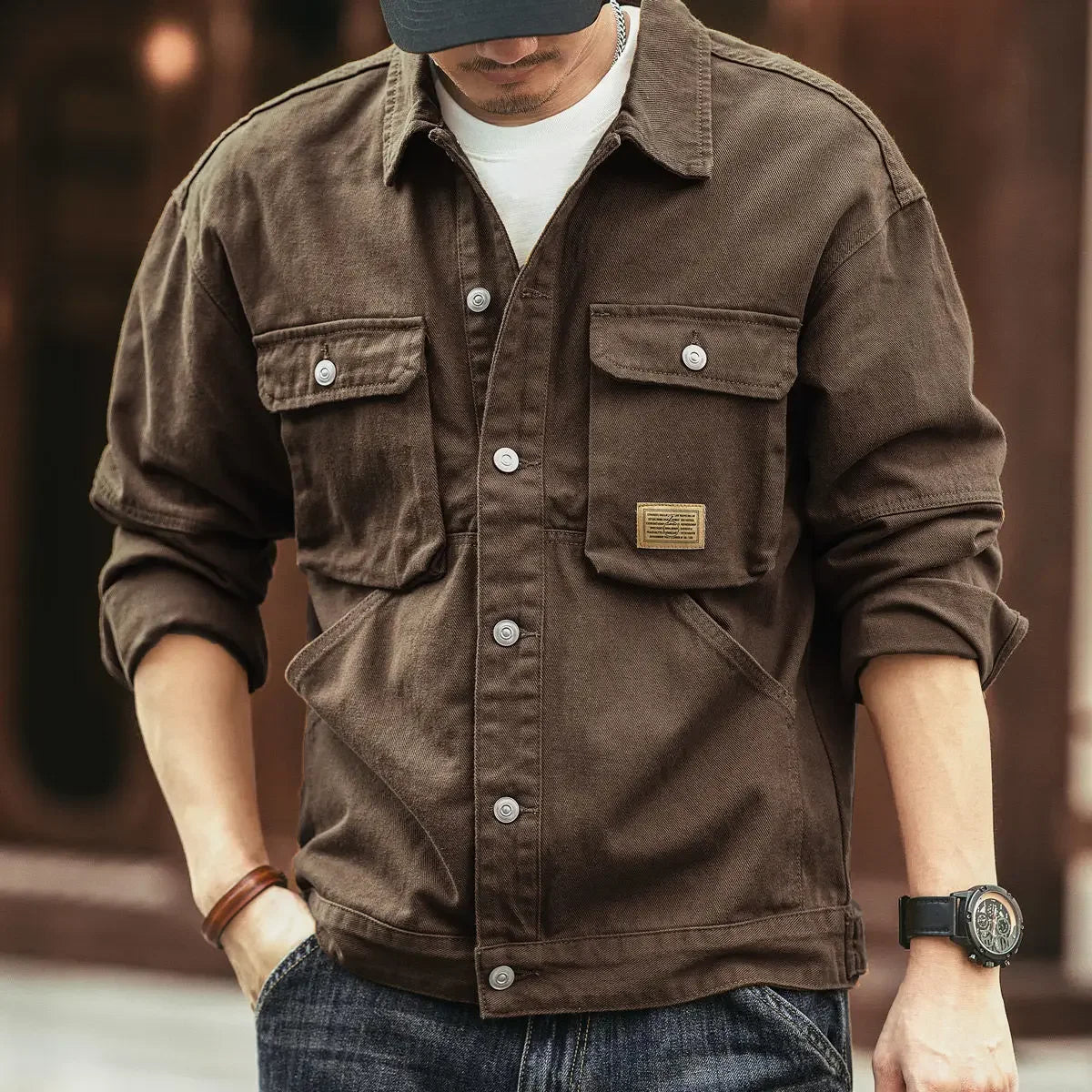 High end work jacket, men's spring and autumn trendy brand, loose American retro lapel jacket, casual and handsome denim jacket