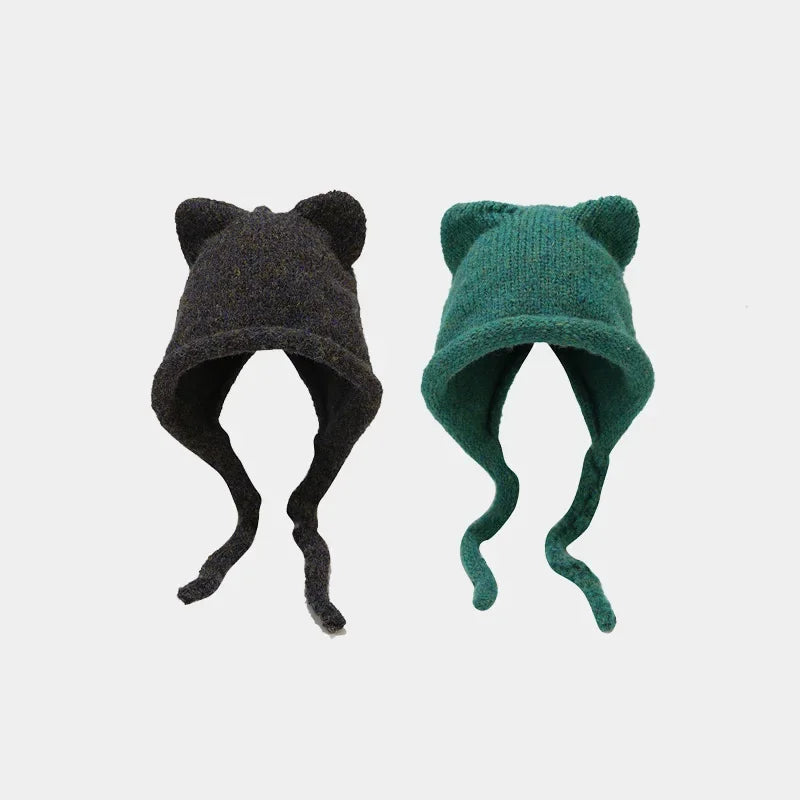 Winter Hat For Women Men Skullies Beanies Solid Color Korean Cute Cat Ear Warm Wool Ear Protection Knit Pullover Strap Cap Y2K