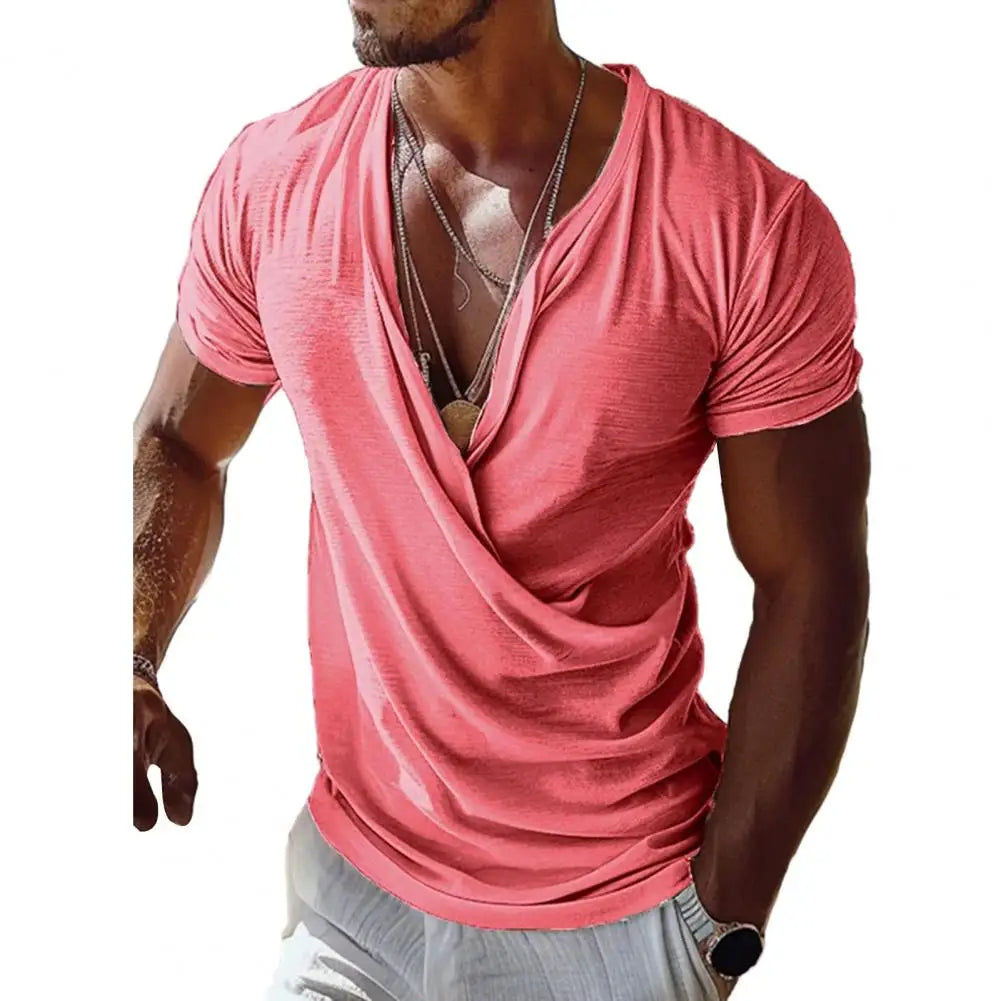 Men T-shirt V-neck Short Sleeve Casual Tops Loose Fit Solid Color Breathable Fabric Pullover Tops Home Gym Street Wear