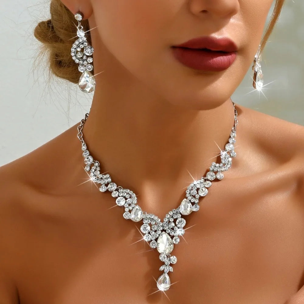 2pcs/set Crystal Bridal Necklaces Earrings Shining Elegant Rhinestone Jewelry Set Exquisite Collar Choker Necklace Earrings Set