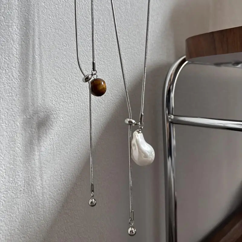 For Women Adjustable Chain Sweater Accessories Fashion Jewelry Stainless Steel Pearls Long With Baroque Pearls Necklace