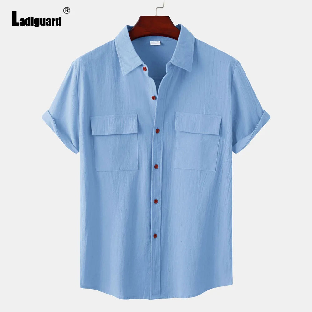 Men Short Sleeve Linen Shirts Clothing 2024 Summer Hot Black Soft Blouse Vintage Basic Overshirt Male Casual Stand Pocket Tops