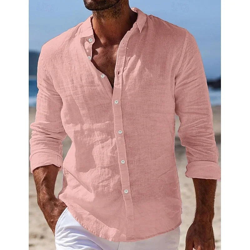 Men's linen shirt summer beach shirt button solid color casual daily black white pink navy blue long sleeved lapel XS-6XL