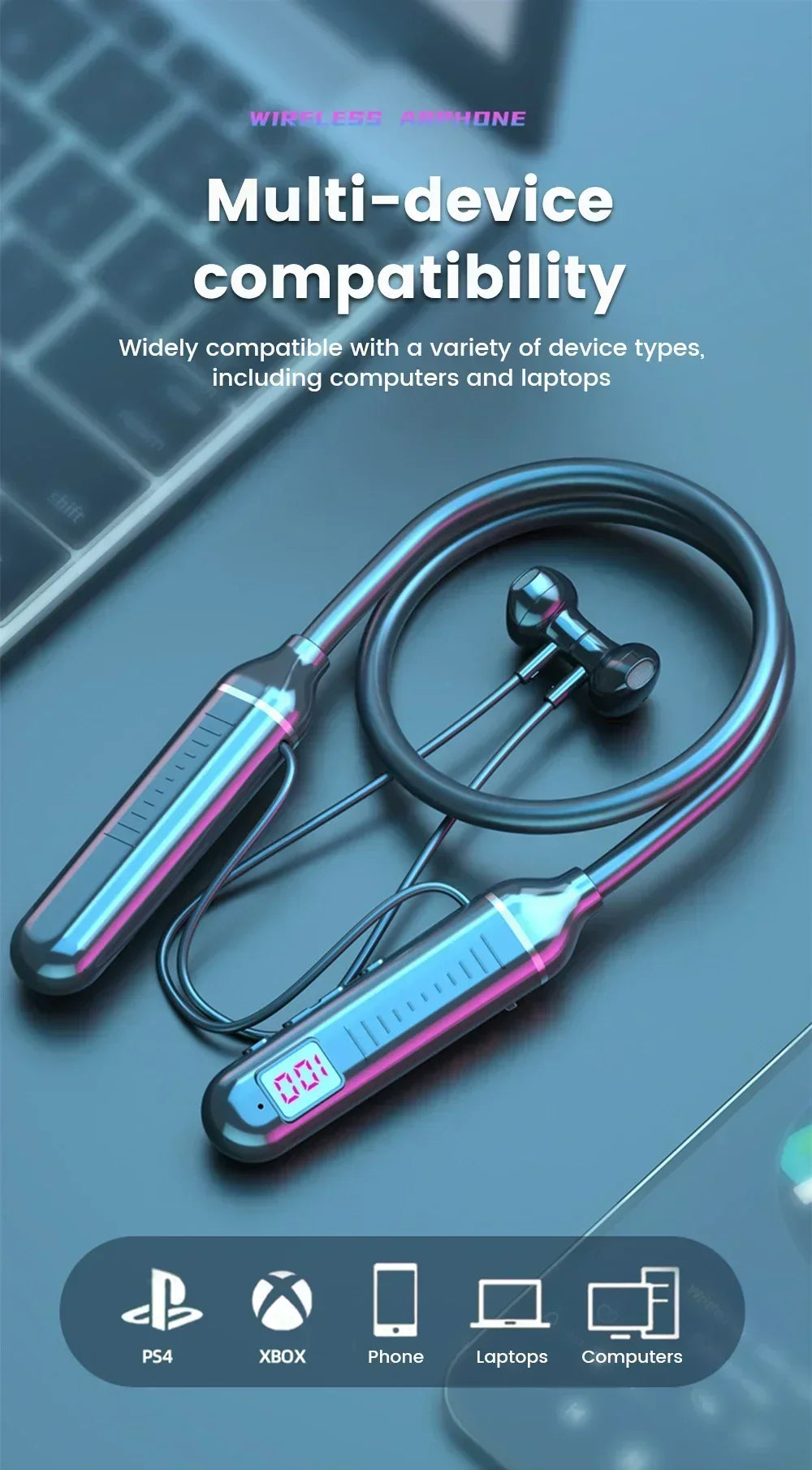 Wireless Bluetooth Earphones Neckband Headphones Gaming Stereo Sports Headset Halter Waterproof Magnetic Earbud with LED Display
