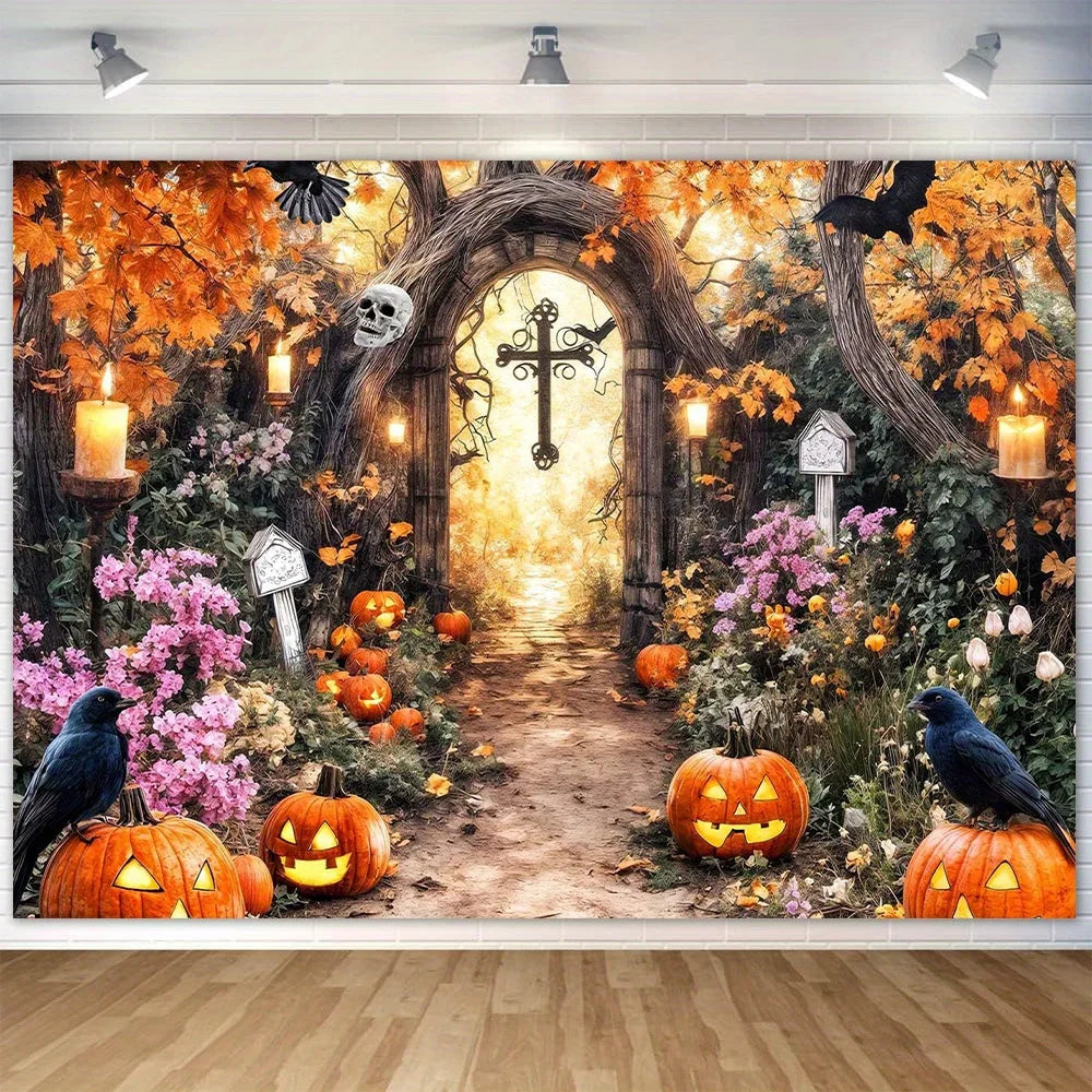 Halloween Magical Forest Background - Terrifying Skeleton, Pumpkin, and Haunted House Scenes with Candles and Skull Heads