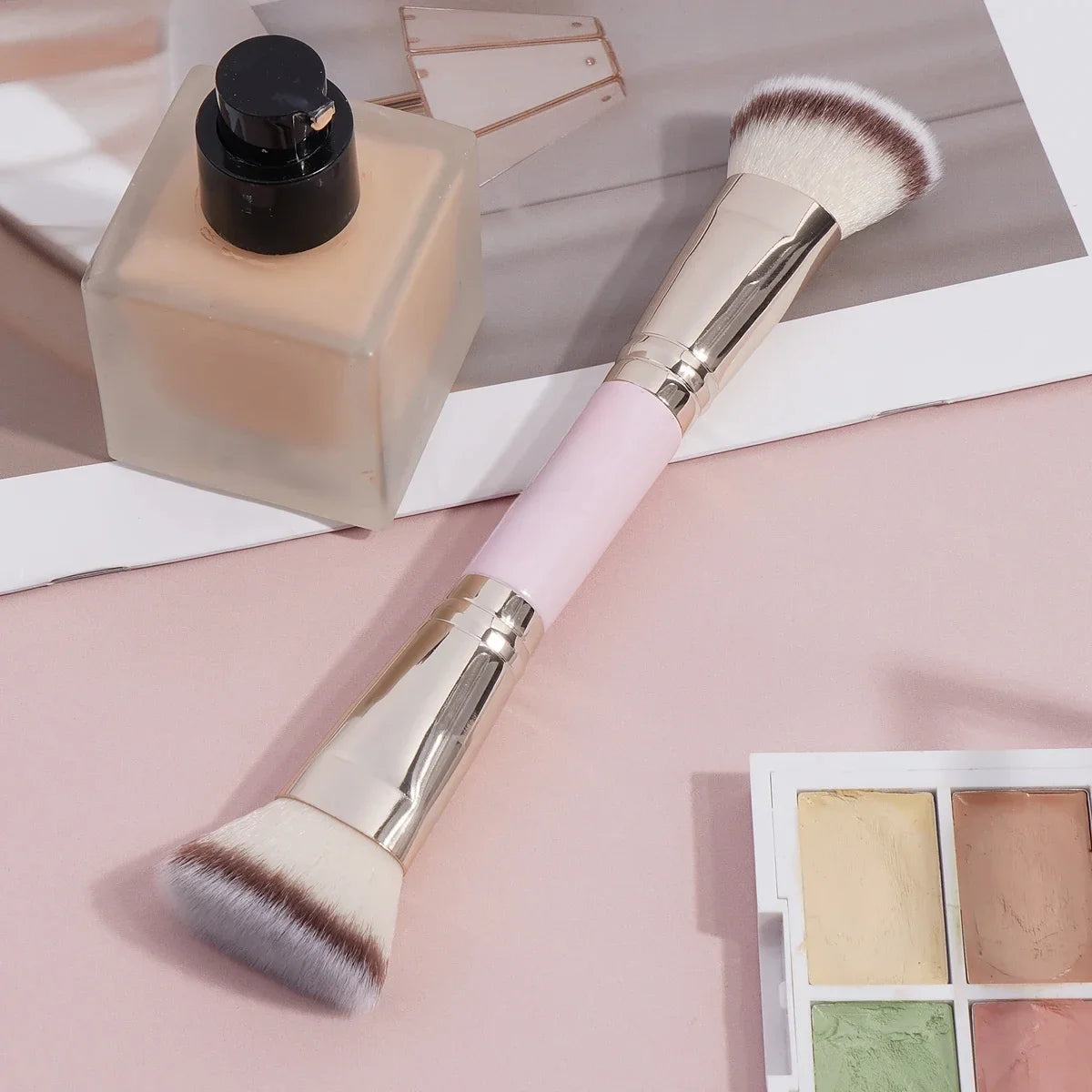 Double Head Makeup Brushes 2 In 1 Flat/Angled Foundation Concealer Contour Brush for Blending Loose Powder Liquid Cream