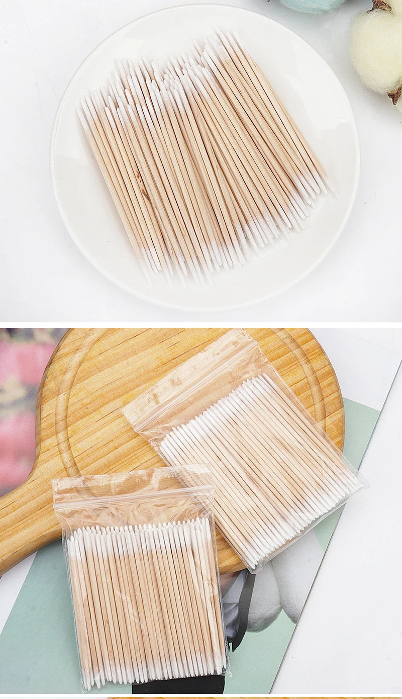 Disposable Ultra-small Double-end Wood Cotton  Swab 100pcs Lint Free Micro Brushes Eyelash Extension Glue Removing Tools