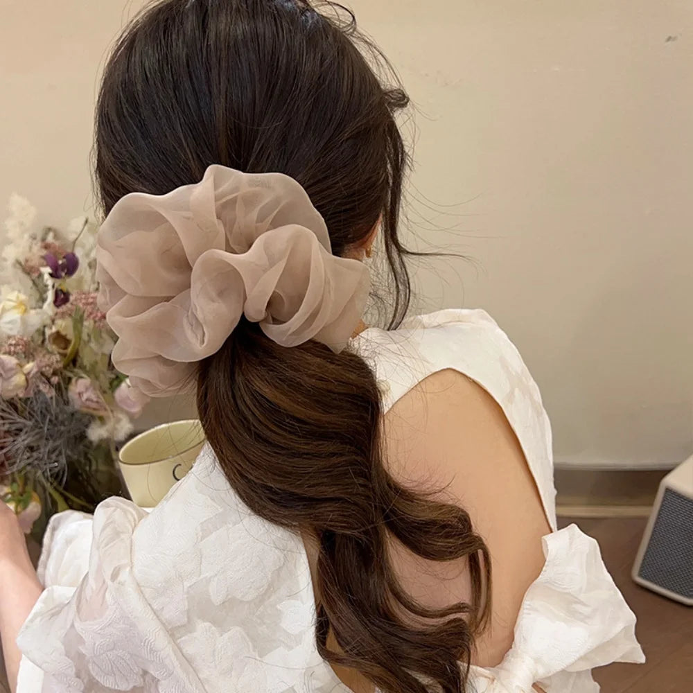 New Woman Large Solid Color Chiffon Scrunchies Elegant Women Mesh Rubber Band Black Beige Pink Ponytail Holders Hair Accessories