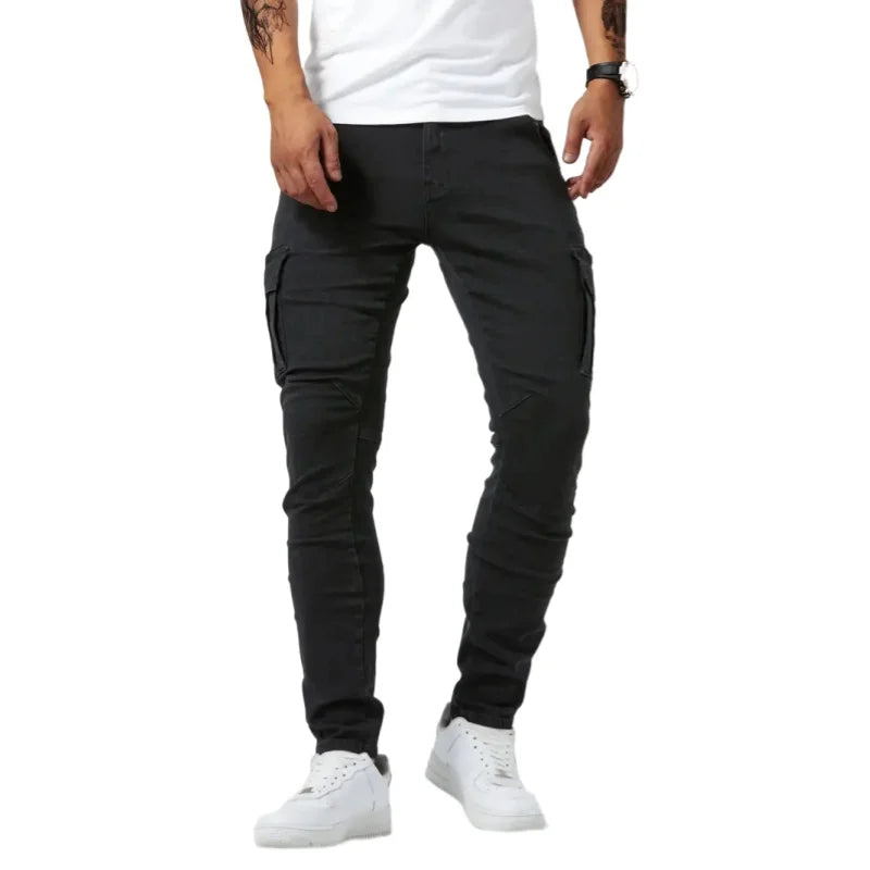 Men Elastic Skinny Jeans Soild Denim Pants Slim Fit Casual Jeans Multi Pocket Cargo Pants Fashion Casual Trousers Man Clothing