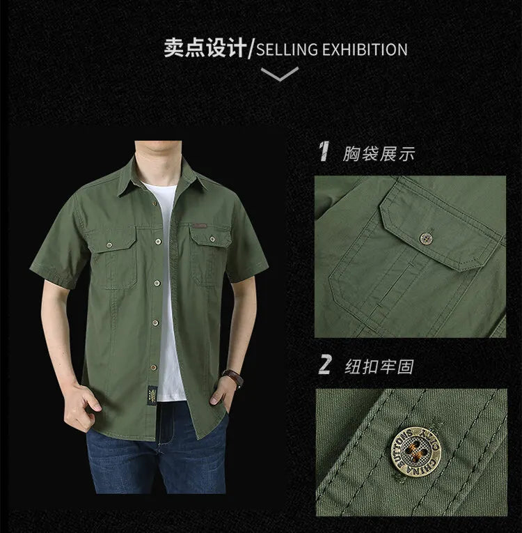 2023 Men Cargo Shirt Casual 100% Cotton Solid Short Sleeve Multi Pocket Work Blouses Loose Plus Size 5XL Business Men Clothing