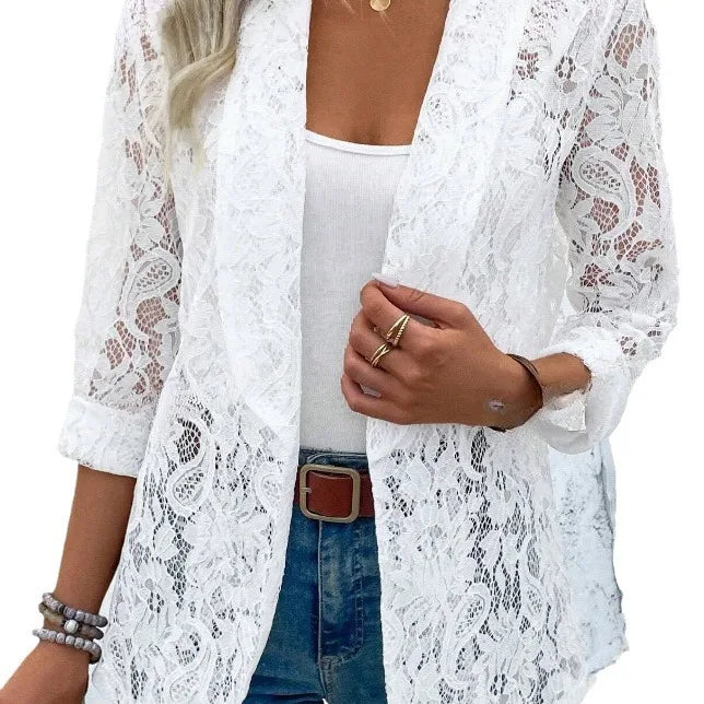 Women's New Spring/summer Stylish Small Suit  Solid Color Lace Hollow-out Long-sleeved Lapel Shirt Jacket Cardigan Suit Soat