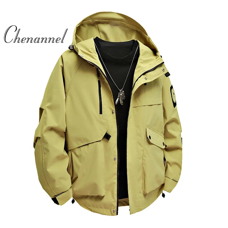 Men's workwear down jacket, American color-blocked hooded jacket for autumn and winter, cool and casual coat for teenagers