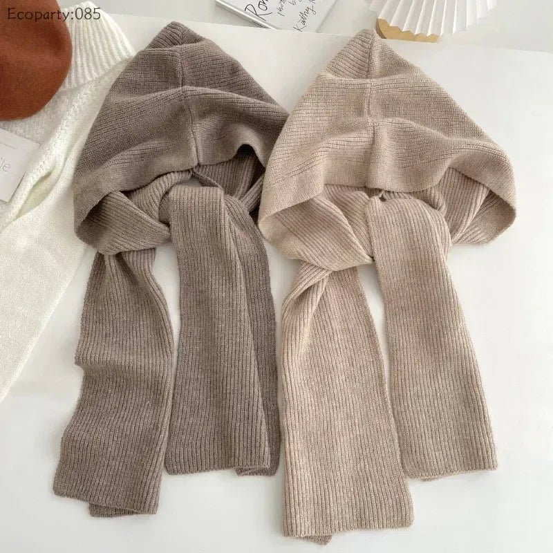 Winter Hat and Scarf Set Knitted Hooded Shawl Balaclava Hat Women Keep Warm Scarf Wool Pullover Hat Gothic Accessories 2025 New