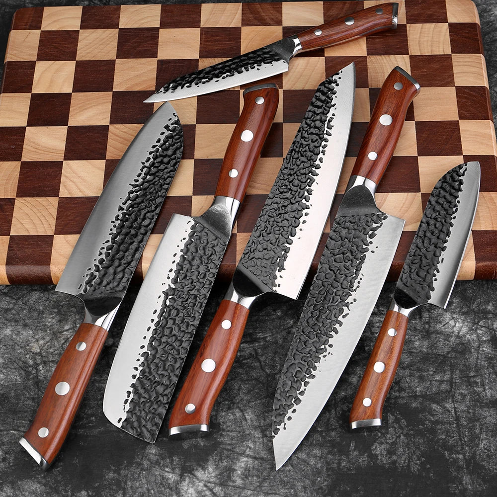 Kitchen Knife Set 1-6PCS Hand-forged high-carbon Steel Sharp Premium Japanese Knife Including Chef,Cleaver,Utility&Santoku Knife