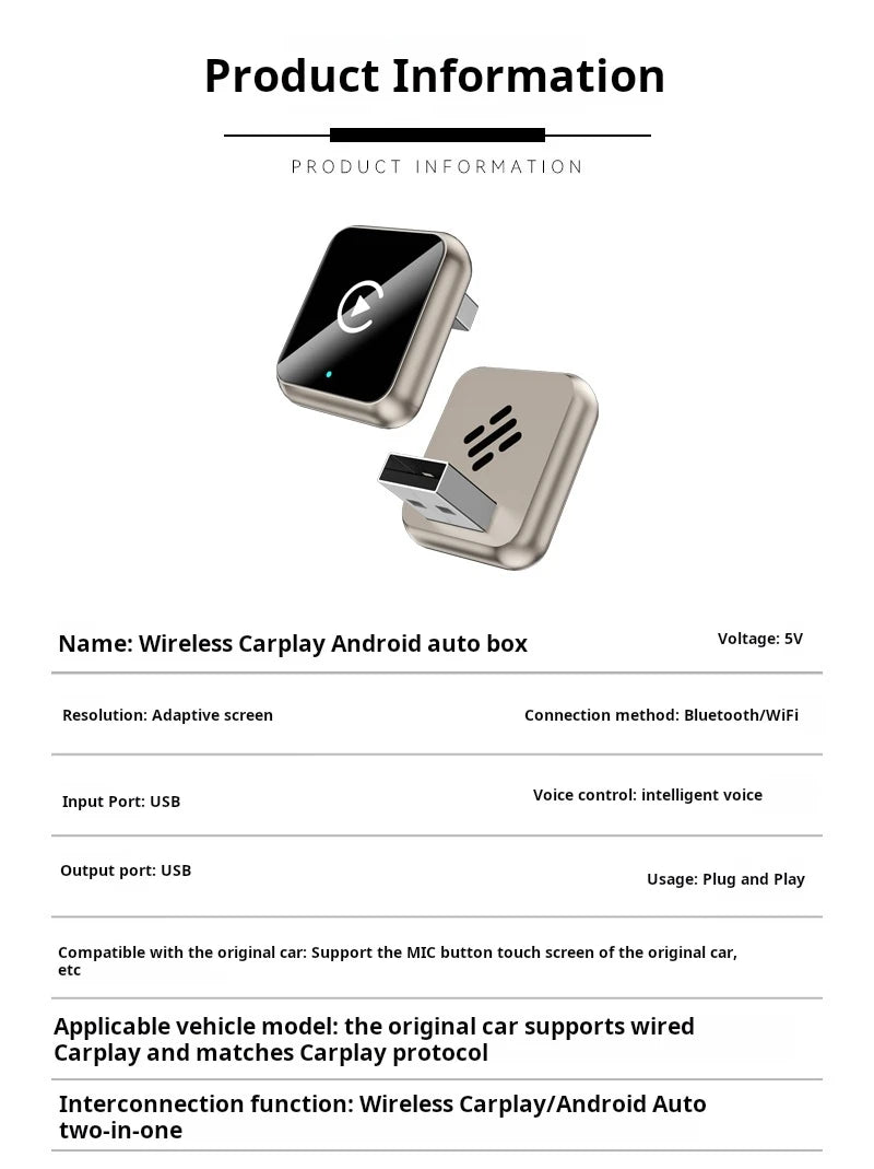 Plug-in Carplay Android Auto 2-in-1 Box Wireless CarPlay Smart Car Adapter Stable Connection for Most Vehicles+Play Blueto