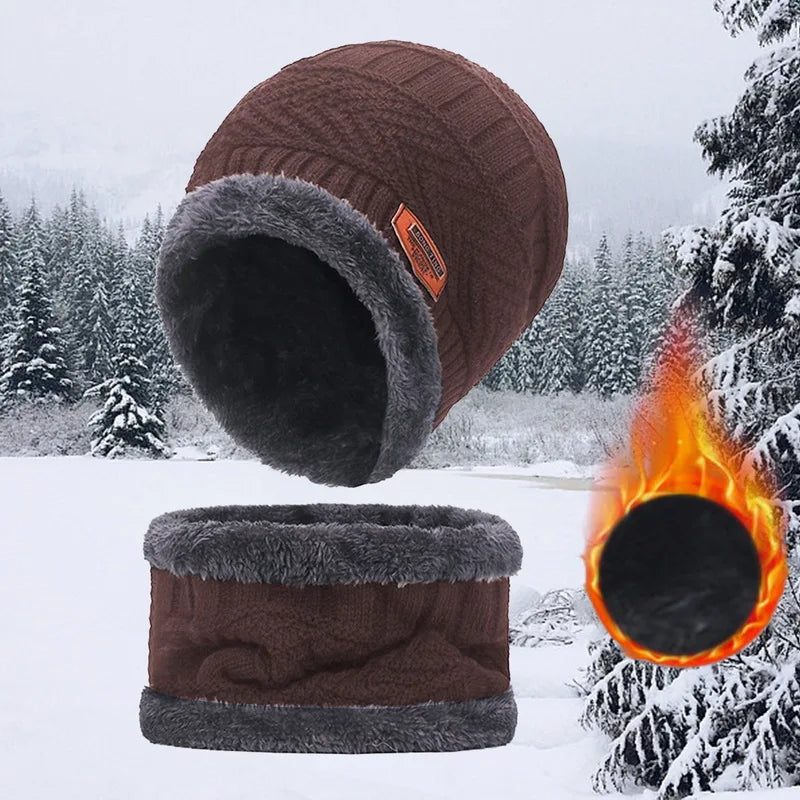 Winter Hat For Men Fleece Scarf Women Neck Leather Knitted Cap Thick Wool Neck Warmer Balaclava Ski Mask Skullies Beanies