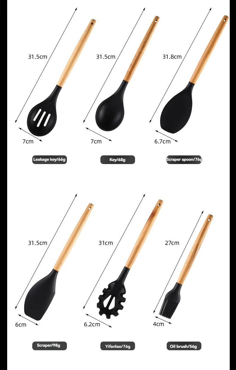 Kitchen utensil set with wooden handles, non-stick pans, food-grade cooking silicone storage set, baking and frying kitchen set