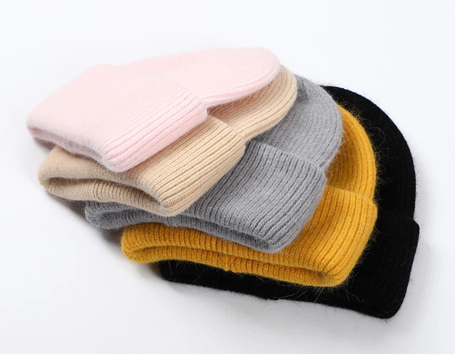 Winter Hats For Women Rabbit Fur Beanie Hat Woman Knitted Skullies Beanies Solid Wool Soft Autumn Winter Cashmere Caps Bonnet