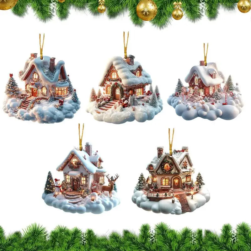 Christmas Small Village House Pendant Creative Winter Snow House Xmas Tree Hanging Ornament 2025New Year Gift Home holiday Decor