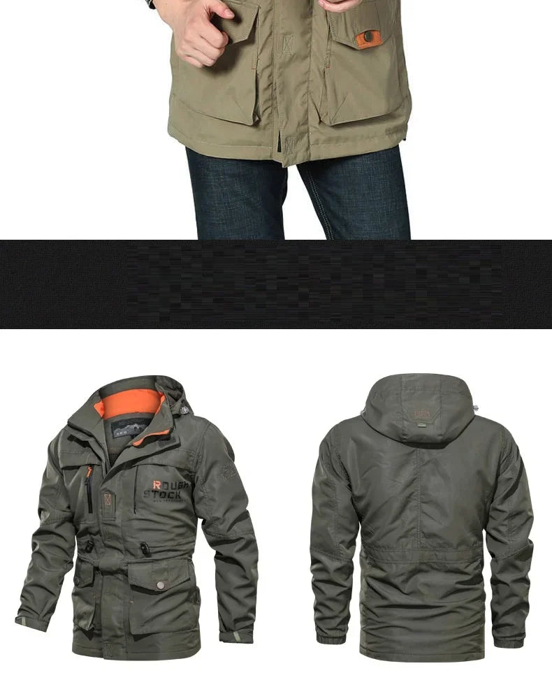 Men Cargo Hooded Casual Military Jacket Men Fashion Windproof Bomber Mens Jacket New Winter Windbreaker Pilot Coat Men Clothing