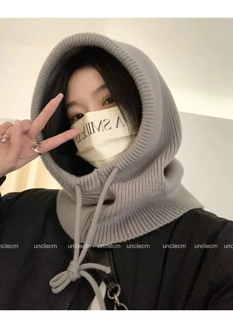 Winter Balaclava Hats For Men&Women Unisex Knitted Hooded Caps Outdoor Warmer Drawstring Hats One-Piece Neck Collar Beanies Cap