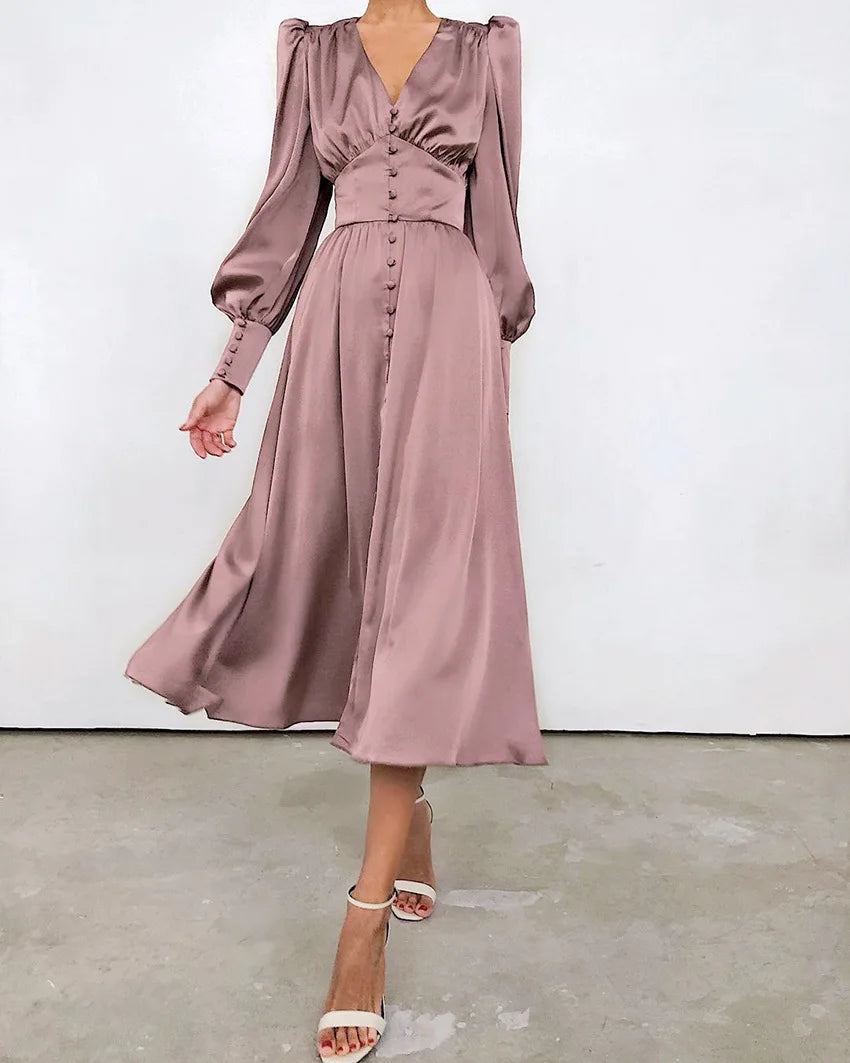 Autumn and Winter Women's Long Dress V-neck Satin Waist Retro Dresses for Women