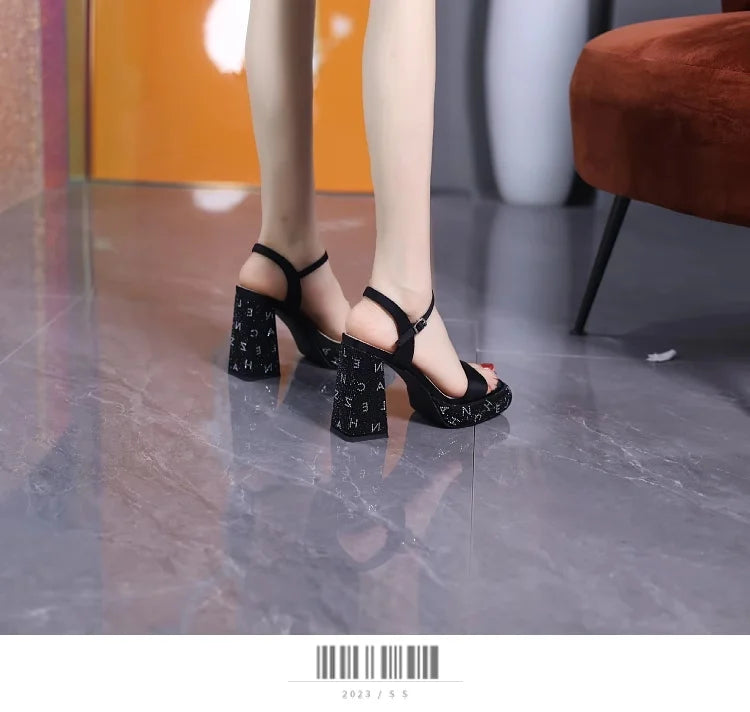 Shoes for Women 2025 Fashion New Summer Sexy Rhinestone Ladies High Heels Peep Toe Square Toe Thick with Women's Sandals