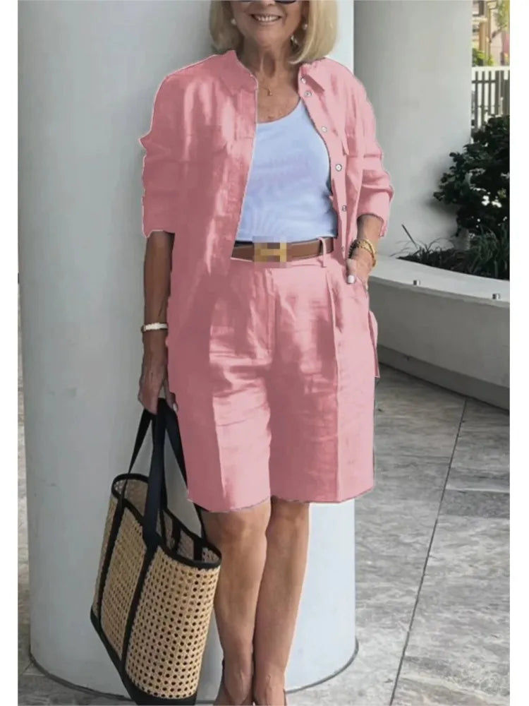 Casual Women Suit Long Sleeve Shirt + High Waist Crotch Pants Sets Two Piece Set Solid Women's Outfit Spring Autumn 2-piece Set