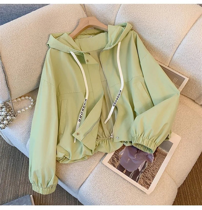 Women's Jacket Fashion Hooded Windbreaker New Spring Autumn Female Casual Short Coat Outwear Pink Green White Female Outerwear