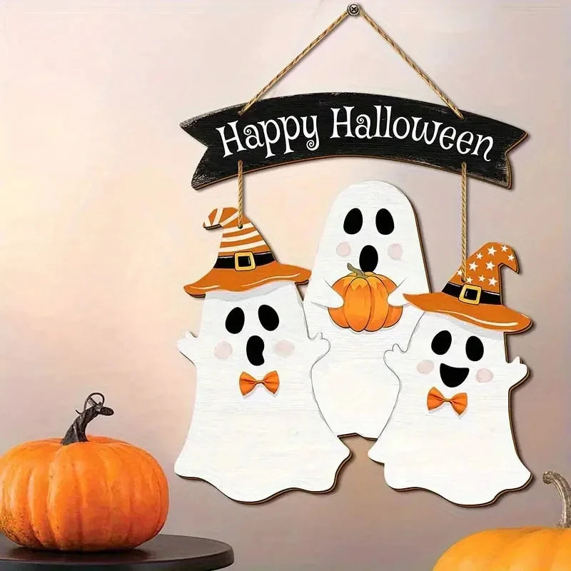 Halloween Wooden Hanging Sign | Multi-Color Festive Decor with Ghosts in Costumes & Pumpkin Design | Bohemian Style Wall Art
