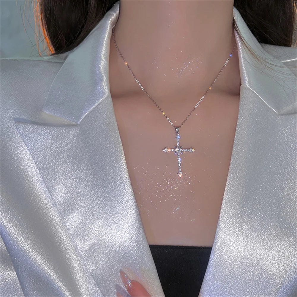Elegant Crystal Cross Pendant Necklace Silver Color Star Ladies Necklace Fashion Party Jewelry Women Gift Wholesale