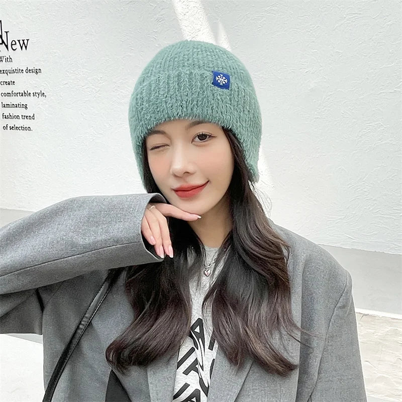 Winter Women Earflap caps Snowflake knitted hats Ear protection hats  Adult Ladies casual mohair beanie cap Gorros