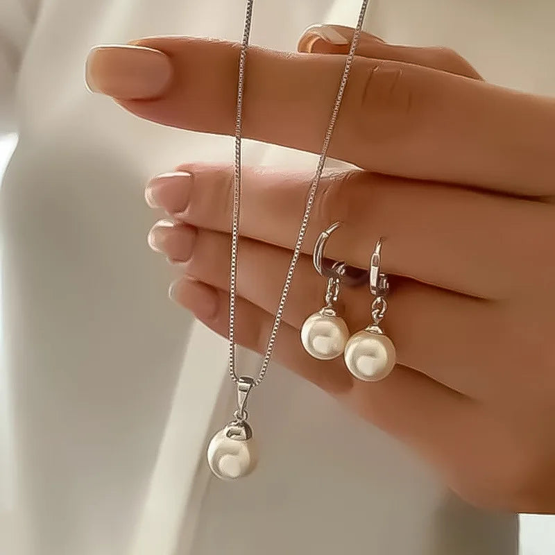 Fashion Round Pearl Jewelry Set Of Earring Pendant Necklace For Women Exquisite Wedding Jewelry Set Gift
