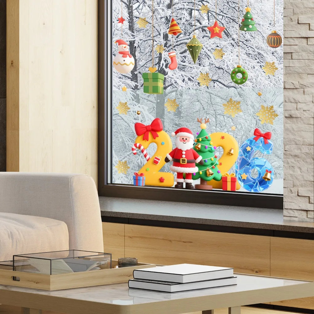 Christmas Glass Stickers Wooden House Pine Nut Sticker Glass Wall Decor Merry Christmas 2025 Stickers Happy New Year 2026