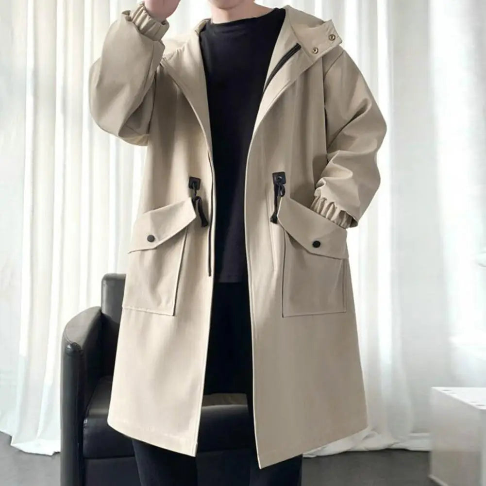 Long Trench Coat Jacket Men Autumn Spring Black Hip Hop Japanese Coats Streetwear Male Hooded Green Khaki Casual Jackets
